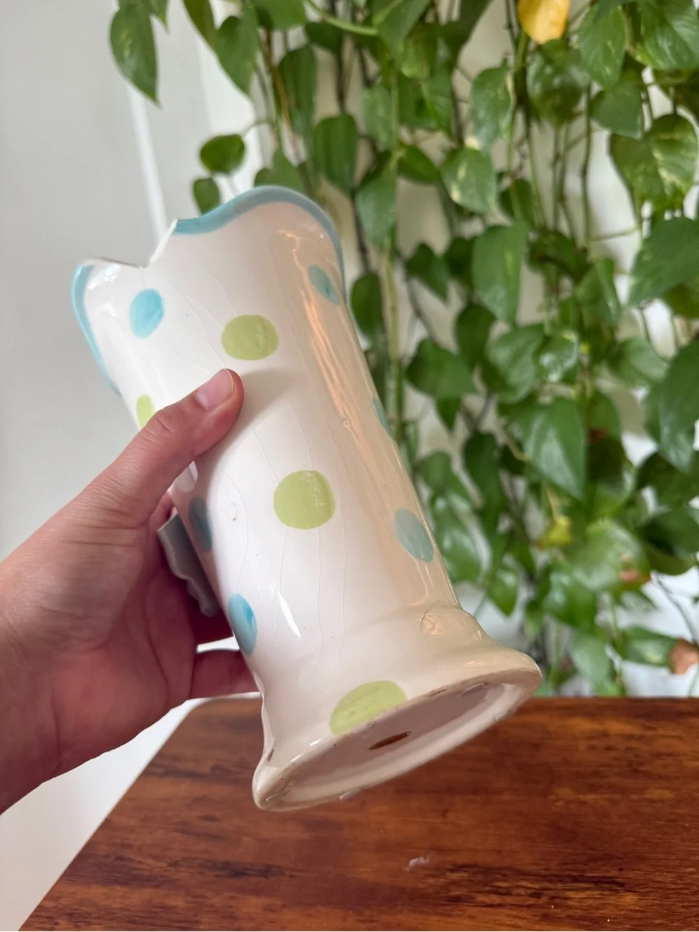 Hand-Painted Polka Dot Ceramic Vase in Blue and Green Baby shower elephant
